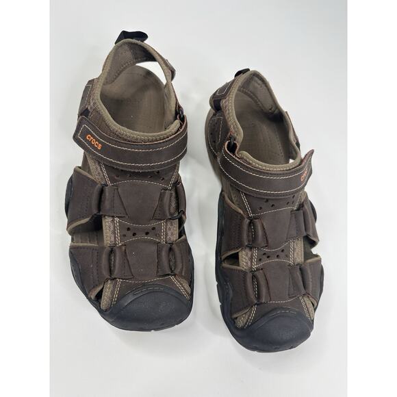 Crocs Swiftwater Mens Size 12 Brown Leather Outdoor Fisherman Sandals 204562